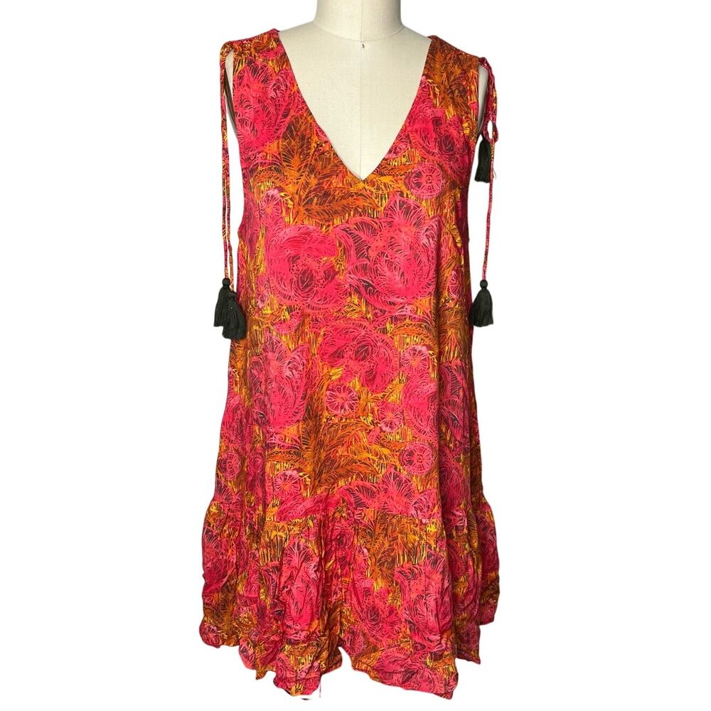 Sundance Flamenco Floral Sleeveless Tiered Dress Large Red Pink Boho Pocket